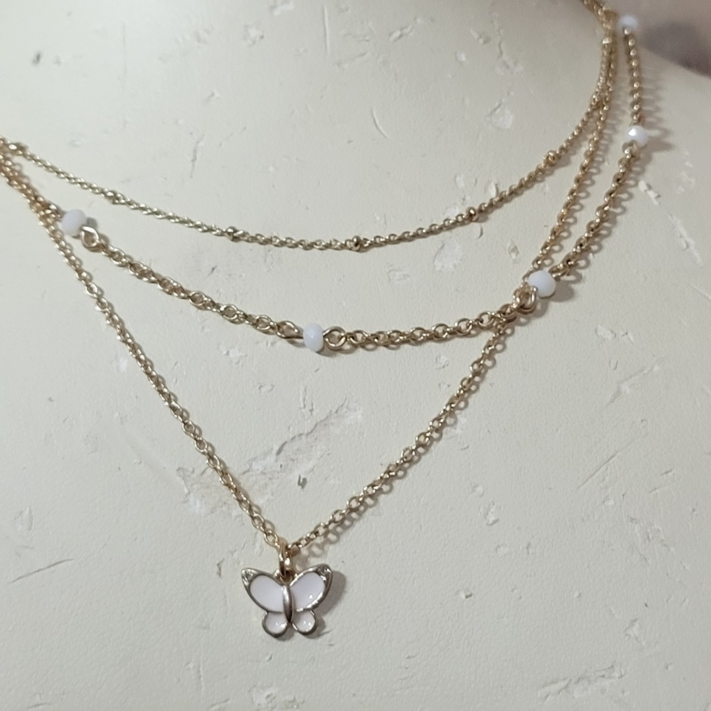 Gold Butterfly Pendant Layered Necklace 16" with a 2 " extension